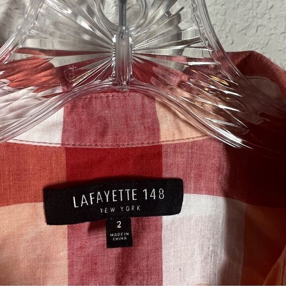 Lafayette 148 Red Orange Checkered Long Sleeve‎ Button Down Shirt Womens Size 2 - Picture 2 of 6